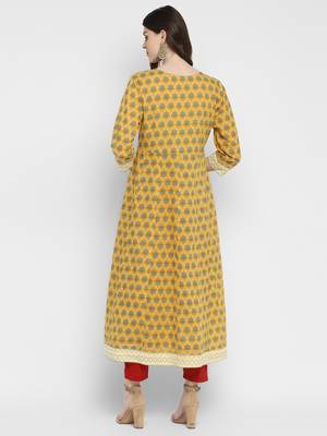 Printed & Mirror Work Anarkali Cotton Yellow Kurta 2