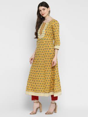 Printed & Mirror Work Anarkali Cotton Yellow Kurta 3