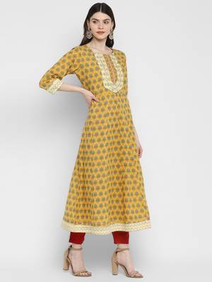 Printed & Mirror Work Anarkali Cotton Yellow Kurta 4