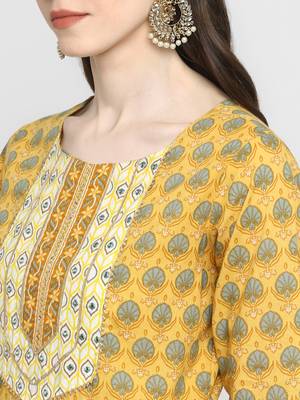 Printed & Mirror Work Anarkali Cotton Yellow Kurta 5