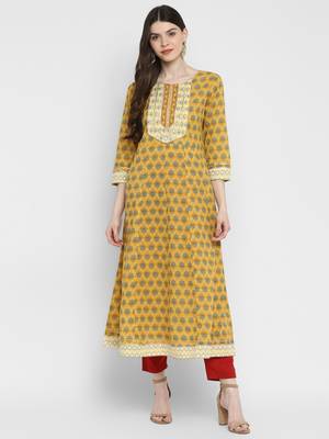Printed & Mirror Work Anarkali Cotton Yellow Kurta 7