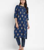 Foil Printed & Sequence Straight Cotton Blue Kurta With Pant