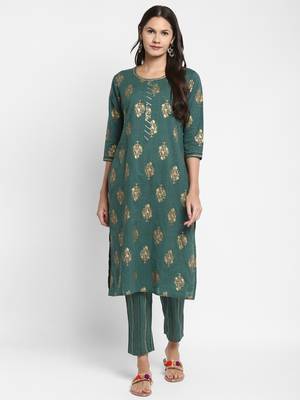 Foil Printed & Sequence Straight Cotton Green Kurta With Pant 1