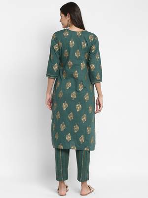 Foil Printed & Sequence Straight Cotton Green Kurta With Pant 2