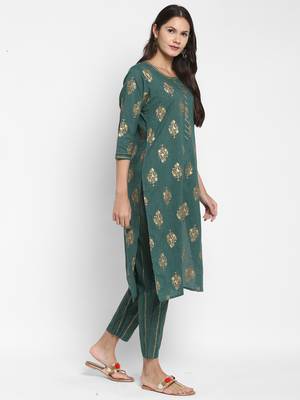 Foil Printed & Sequence Straight Cotton Green Kurta With Pant 3