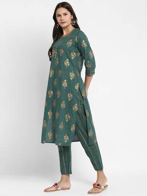 Foil Printed & Sequence Straight Cotton Green Kurta With Pant 4