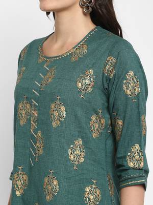 Foil Printed & Sequence Straight Cotton Green Kurta With Pant 5