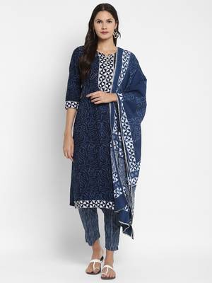 Shibori Print & Sequence Straight Cotton Blue Kurta,Pant & Dupatta 1