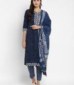 Shibori Print & Sequence Straight Cotton Blue Kurta,Pant & Dupatta