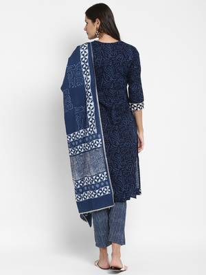 Shibori Print & Sequence Straight Cotton Blue Kurta,Pant & Dupatta 2