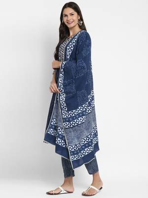 Shibori Print & Sequence Straight Cotton Blue Kurta,Pant & Dupatta 3
