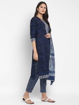 Shibori Print & Sequence Straight Cotton Blue Kurta,Pant & Dupatta 4