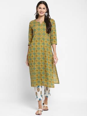 Embroidered & Mirror Work Straight Cotton Mustard Kurta & Pant 1