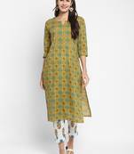 Embroidered & Mirror Work Straight Cotton Mustard Kurta & Pant