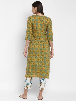 Embroidered & Mirror Work Straight Cotton Mustard Kurta & Pant 2