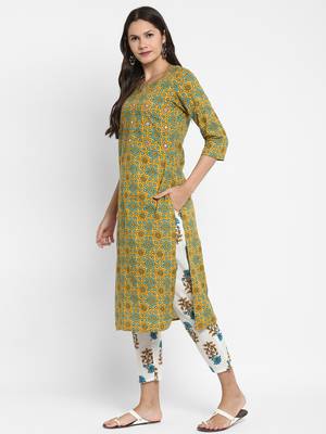 Embroidered & Mirror Work Straight Cotton Mustard Kurta & Pant 3