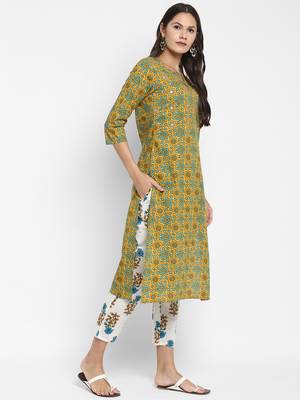 Embroidered & Mirror Work Straight Cotton Mustard Kurta & Pant 4
