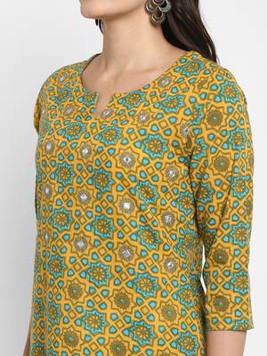 Embroidered & Mirror Work Straight Cotton Mustard Kurta & Pant 5
