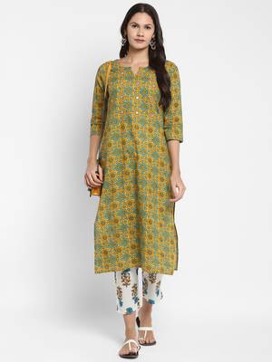 Embroidered & Mirror Work Straight Cotton Mustard Kurta & Pant 7