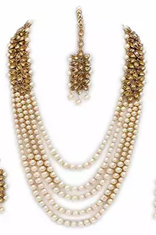 Kundan & Moti Rani Haar With Earrings & Maang Tikka For Women