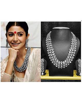 Rhodium Plated Traditional 3 Layered Jewellery Set Encased With Kundan For Women  7