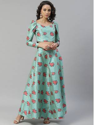 Turquoise woven art silk stitched lehenga 3