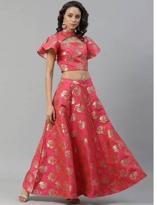 Pink woven art silk stitched lehenga 3