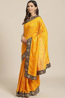 Mustard Embroidered Silk Blend Saree With Blouse