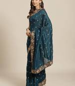 Turquoise Embroidered Silk Blend Saree With Blouse
