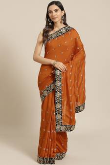 Mustard Embroidered Silk Blend Saree With Blouse