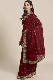 Maroon Embroidered Silk Blend Saree With Blouse