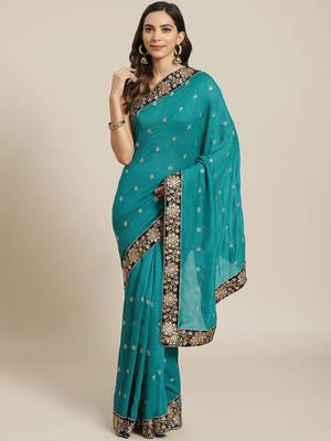 Blue Embroidered Silk Blend Saree With Blouse 1