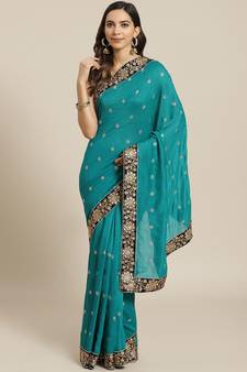 Blue Embroidered Silk Blend Saree With Blouse