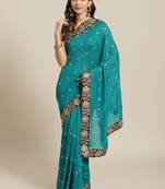 Blue Embroidered Silk Blend Saree With Blouse