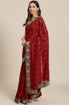 Maroon Embroidered Silk Blend Saree With Blouse