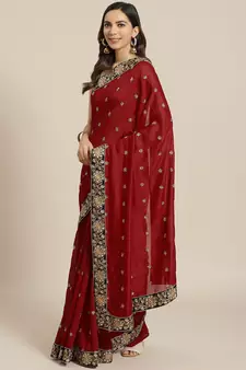 Maroon Embroidered Silk Blend Saree With Blouse