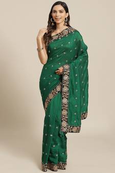 Green Embroidered Silk Blend Saree With Blouse