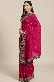 Pink Embroidered Silk Blend Saree With Blouse