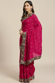 Pink Embroidered Silk Blend Saree With Blouse
