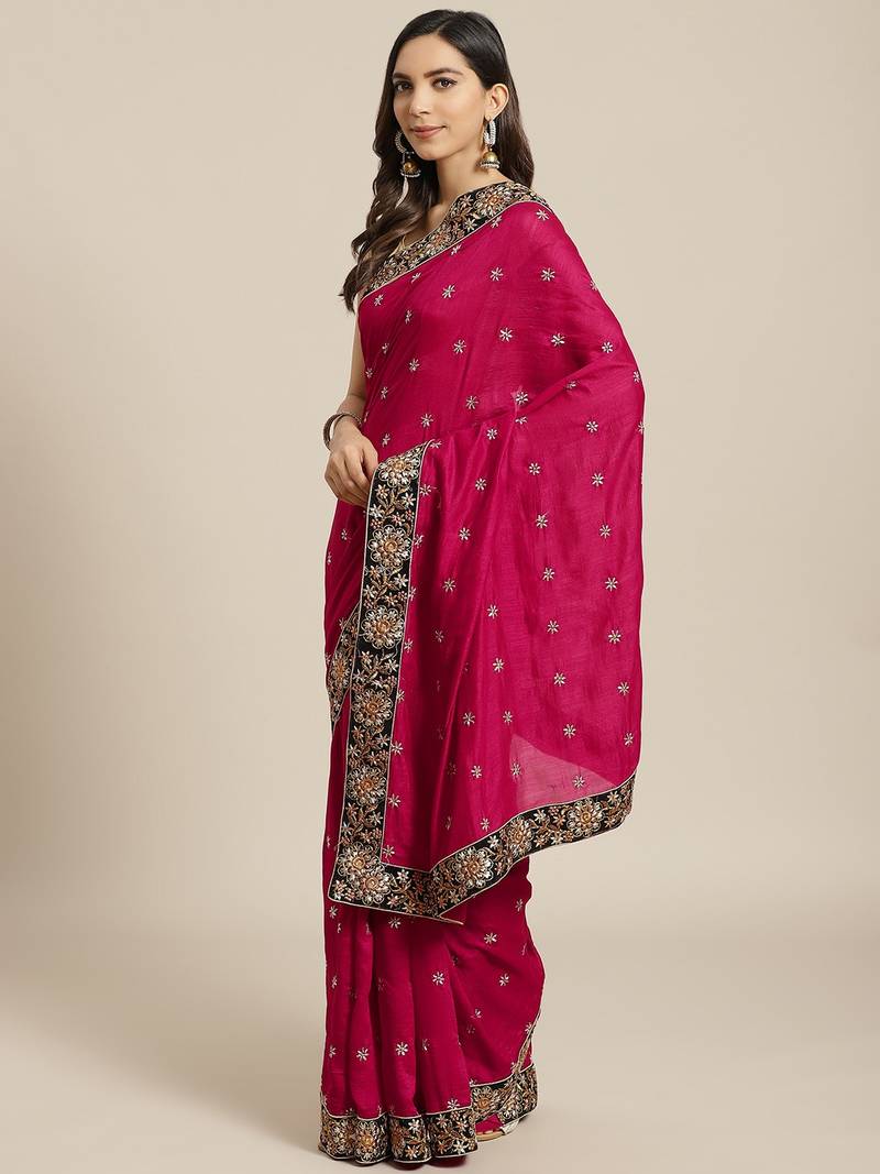 Pink Embroidered Silk Blend Saree With Blouse