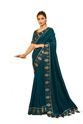 Designer Party Wear Crepe Silk With Heavy Thread And Lace Border Work Saree 1
