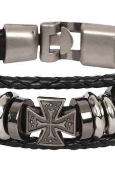 Funky Biker Cross Vintage Black Genuine Leather Strand Bracelet for Men