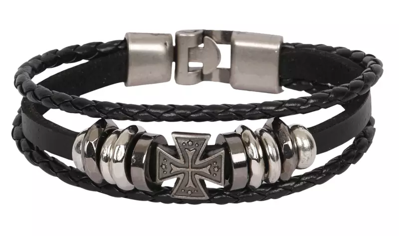 Funky Biker Cross Vintage Black Genuine Leather Strand Bracelet for Men