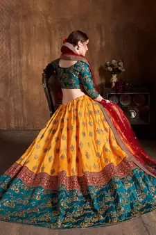 Fetching Yellow Red And Green Colored Zari & Sequins Embroidered Taffeta Silk Semi Stitched Wedding Lehenga