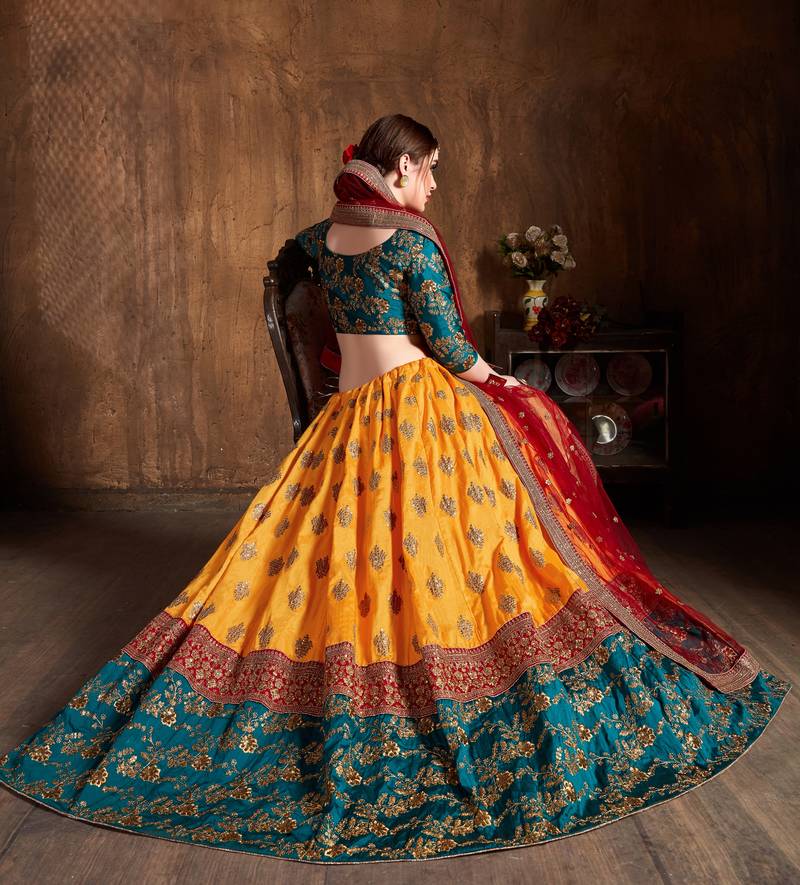Fetching Yellow Red And Green Colored Zari & Sequins Embroidered Taffeta Silk Semi Stitched Wedding Lehenga