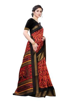 Red Art Silk Floral Printed Saree With Blouse 3