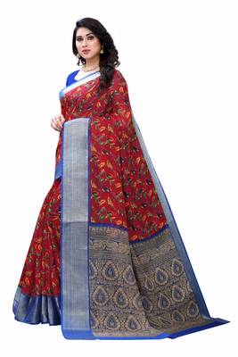 Red Art Silk Floral Printed Saree With Blouse 2