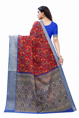 Red Art Silk Floral Printed Saree With Blouse 3