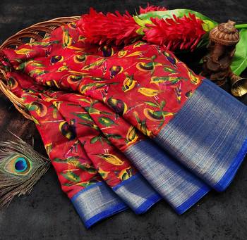 Red Art Silk Floral Printed Saree With Blouse 4