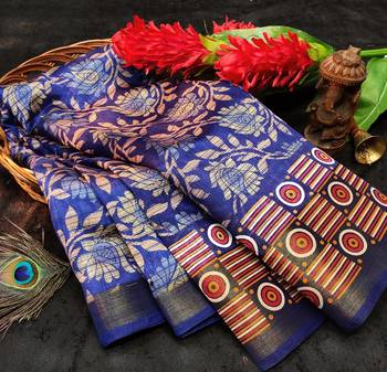 Blue Art Silk Floral Printed Saree With Blouse 4